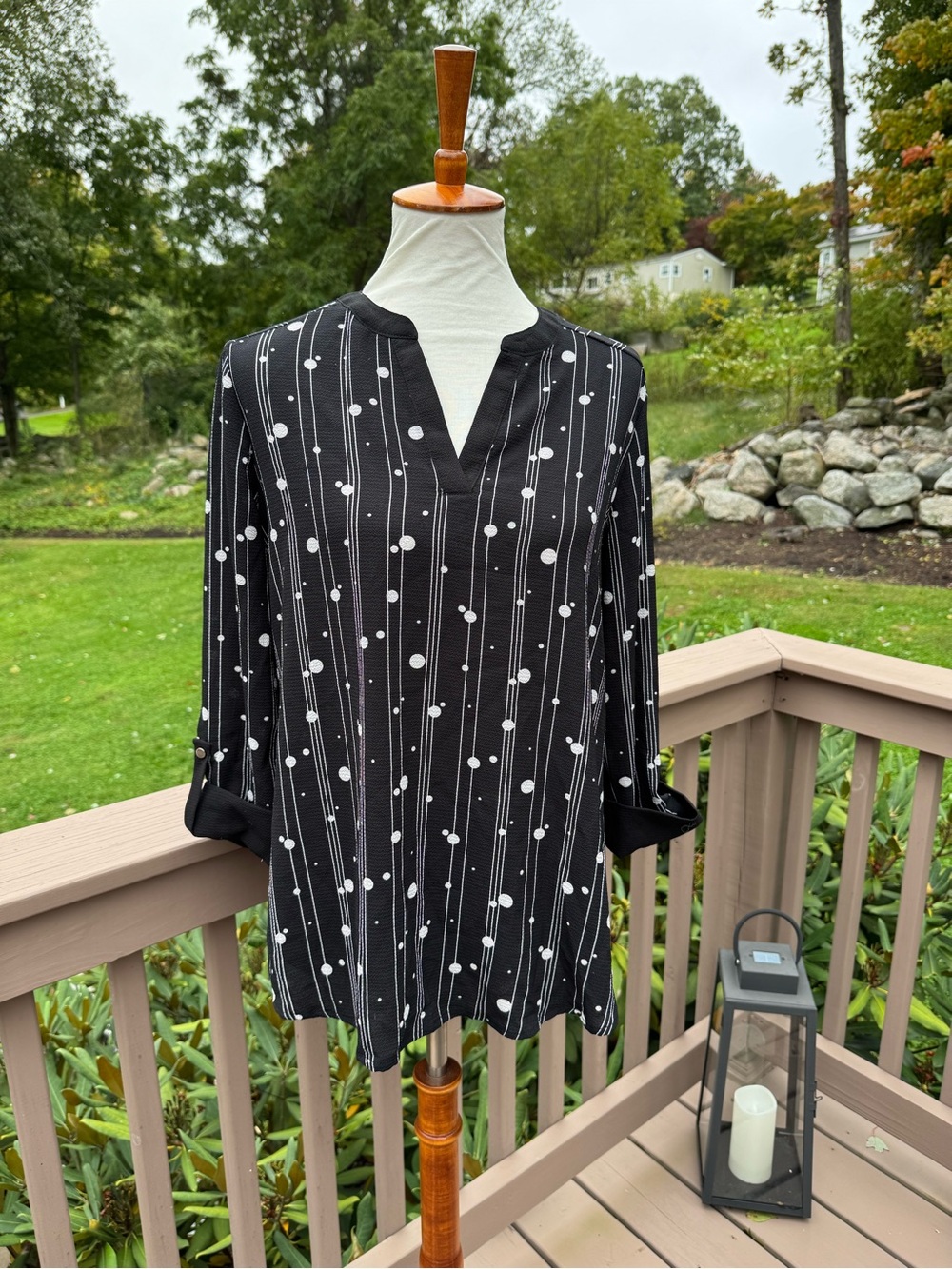 Cocomo Blouse Black Polka Dot Roll Tab Sleeve Pockets Career Business